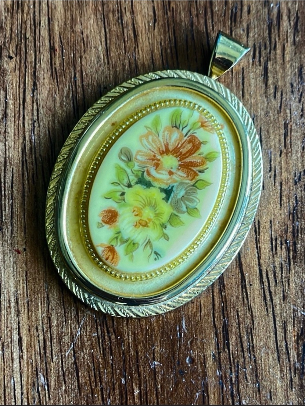 Floral Pendant in Gold Tone Oval